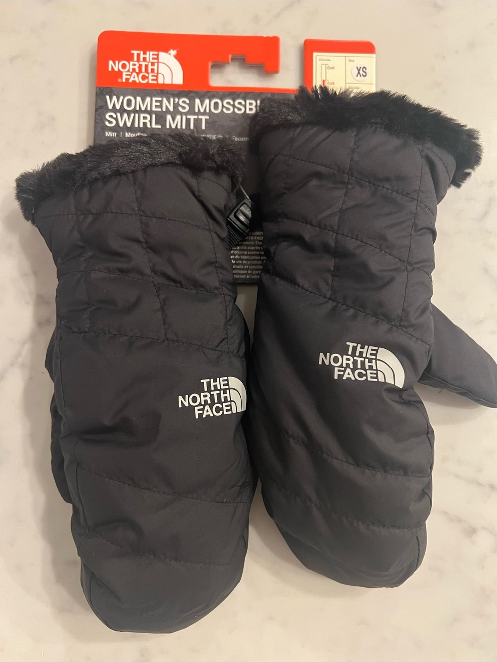 The North Face Black Women’s Mossbusd Swril Mitt Mittens Faux Fur XS New